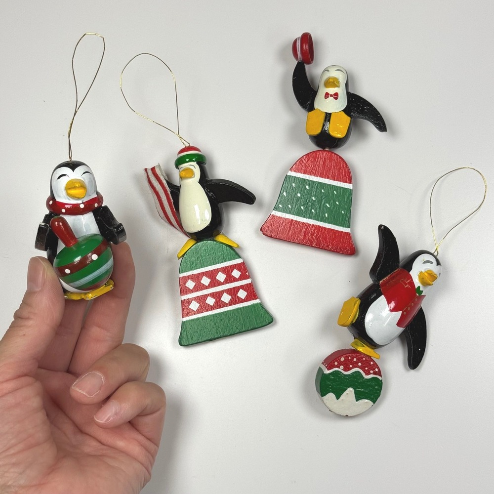 Vintage Hand Painted Wooden Penguin Christmas Ornaments Set of 4 IMPERFECT